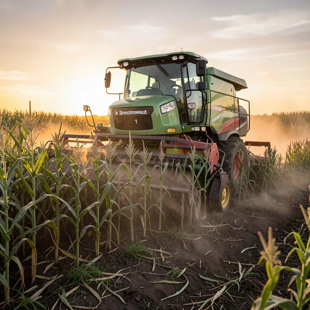Trattrice falcia-andanatrice New Holland Speedrower 1 Series in azione in un campo di erba medica al tramonto, con polvere illuminata, angolazione dinamica.