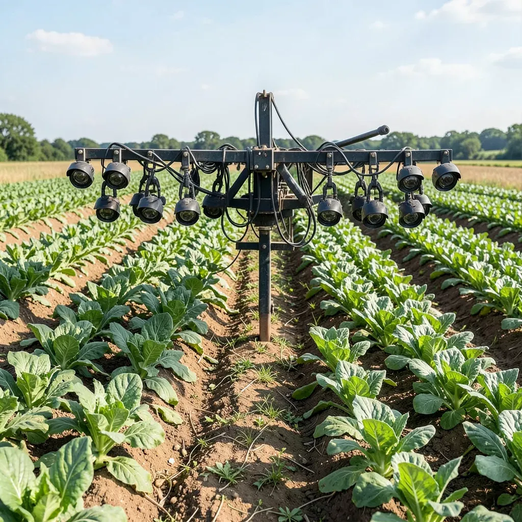 Barra con telecamere per il riconoscimento delle infestanti montata su un'attrezzatura agricola