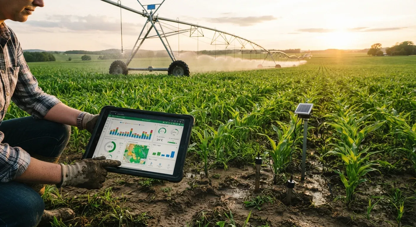 Un sistema di irrigazione a perno centrale in un campo agricolo illuminato dal sole, con sensori di umidità del suolo visibili e un tablet che mostra dati di irrigazione in tempo reale.