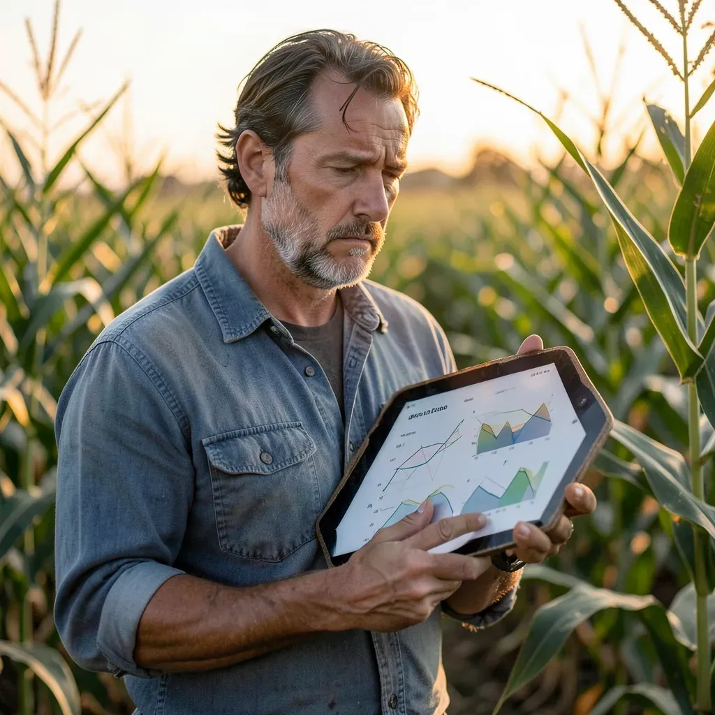 Primo piano di un agricoltore statunitense in un campo di mais al tramonto, con un tablet tra le mani e un’espressione scettica, sullo sfondo coltivazioni e luce calda.