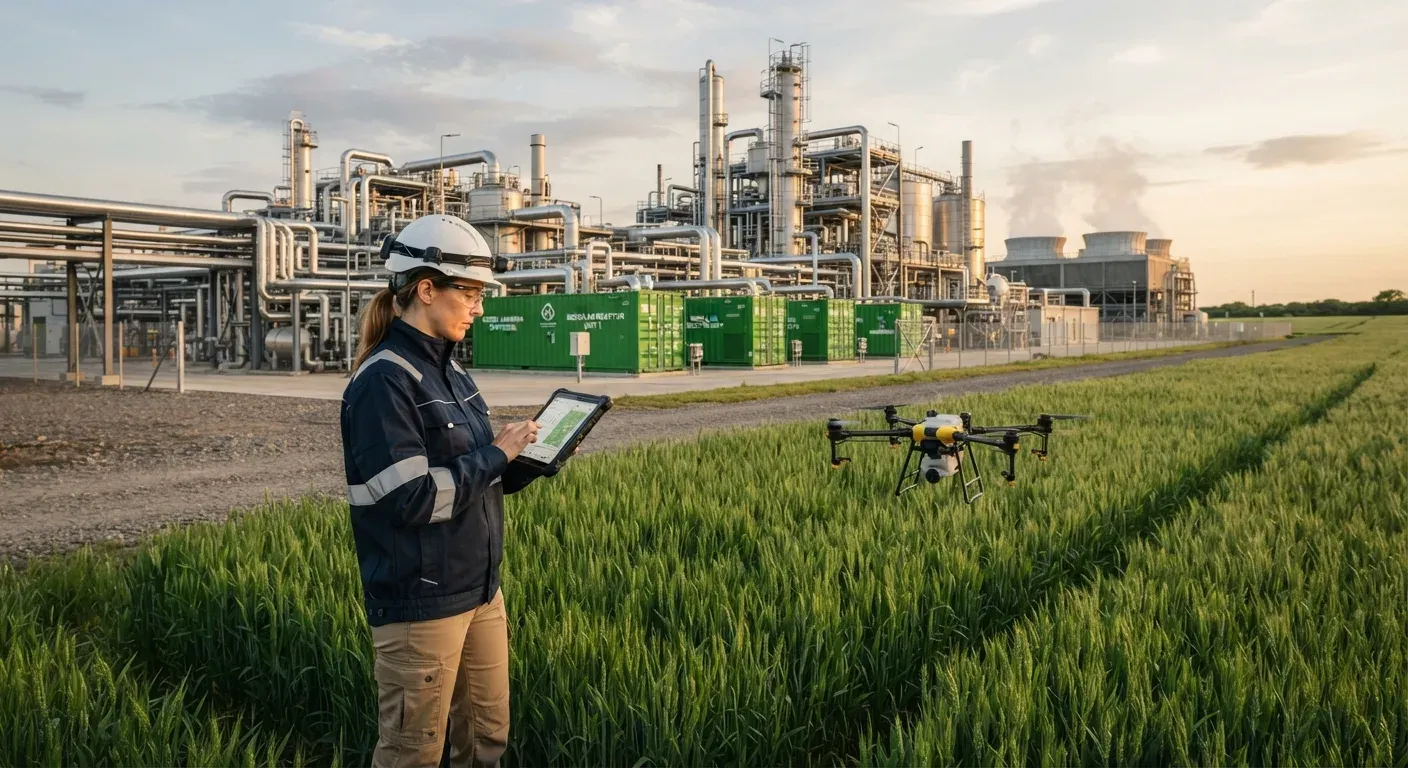 Fotografia editoriale di un moderno stabilimento per la produzione di fertilizzanti azotati, con un agronomo in casco che consulta un tablet e un drone agricolo in volo su un campo di grano; luce calda del tramonto, stile documentario di settore.