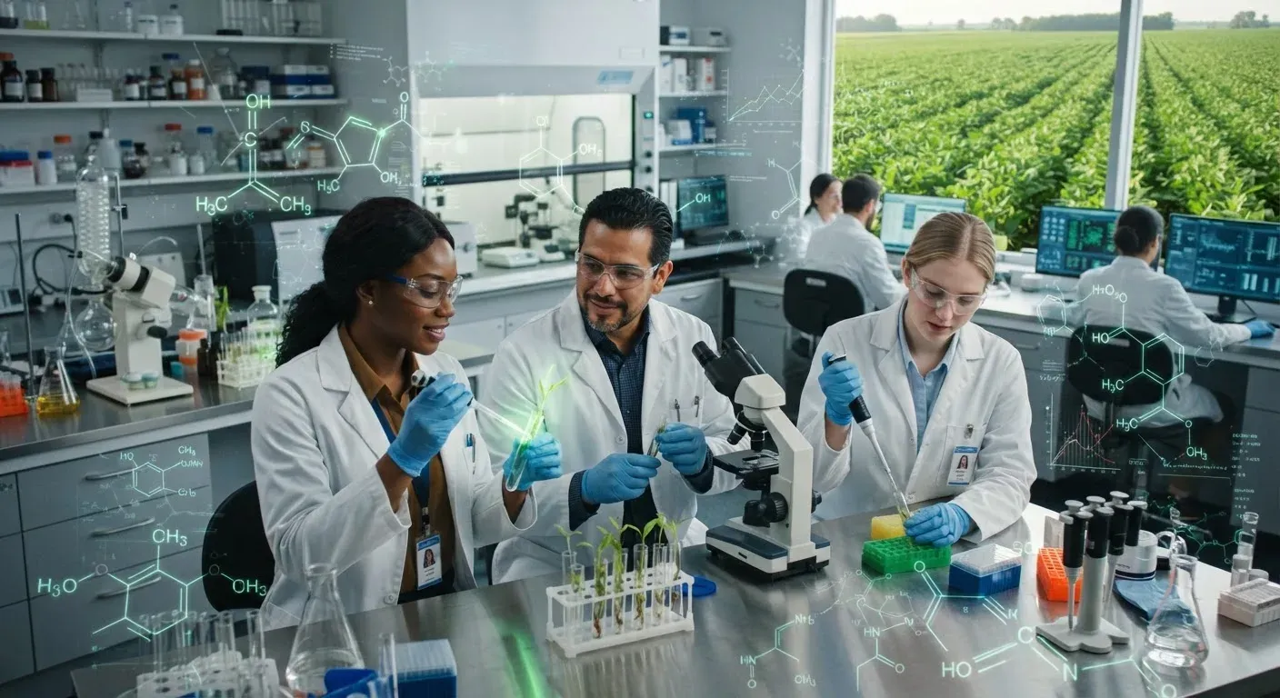 Un team di scienziati in un laboratorio agritech esamina campioni di piante e strutture molecolari per sviluppare nuovi erbicidi innovativi.
