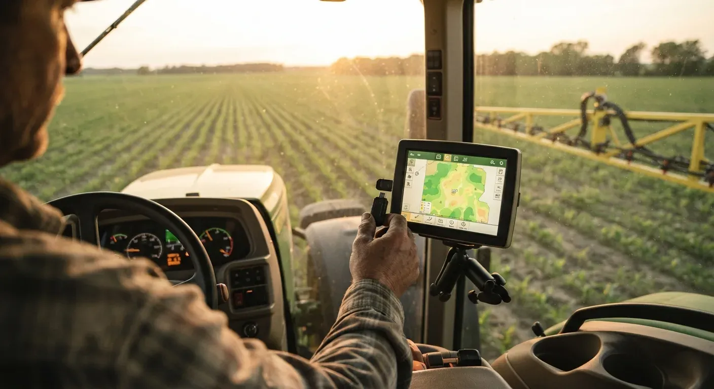 Fotografia editoriale realistica: mano di un agricoltore che inserisce un piccolo dispositivo USB nero nel terminale di un trattore; sul display si vede una mappa di campo con zone verdi, senza testo leggibile; fuori dal parabrezza, campo coltivato con fi
