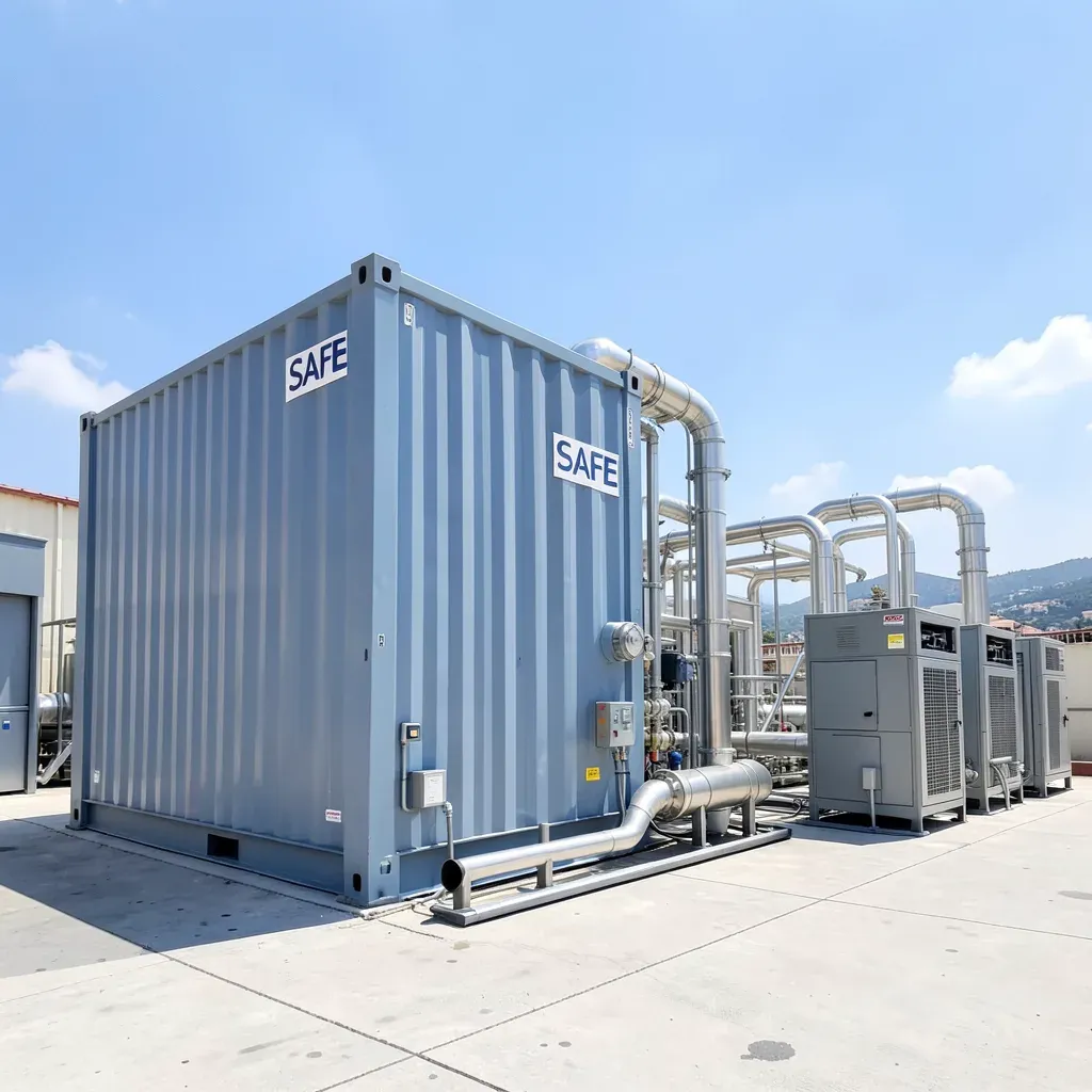 Un’unità di compressione dell’idrogeno containerizzata di SAFE S.p.A. installata in un impianto di produzione di idrogeno rinnovabile in Sicilia, con elettrolizzatori PEM e cielo azzurro sullo sfondo.