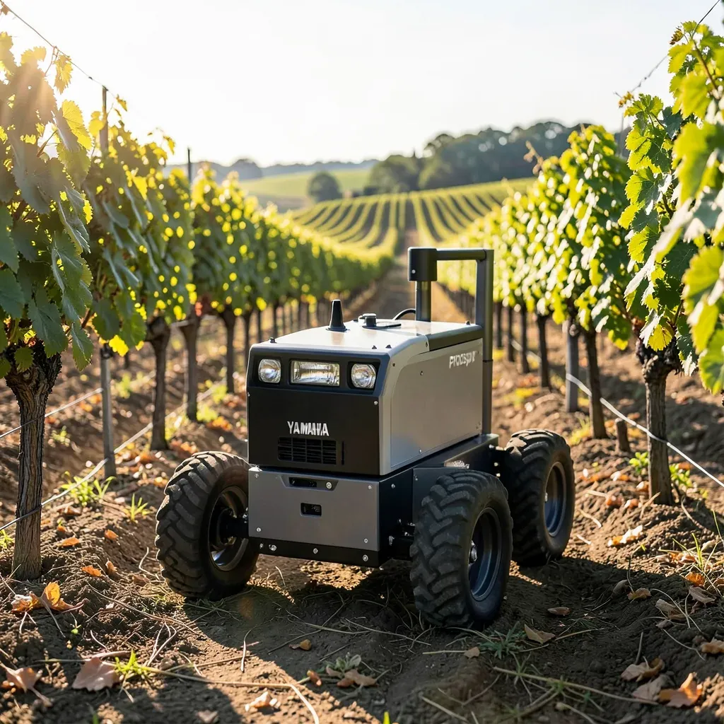 Robot agricolo modulare Yamaha Prospr in azione autonoma tra i filari di un vigneto
