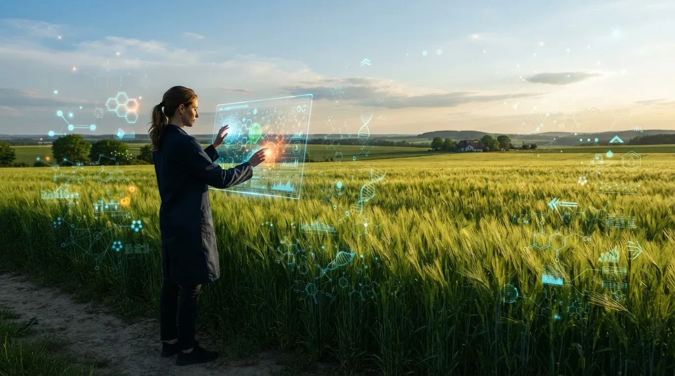 Primo piano di un campo di grano verde con sovrapposizioni digitali trasparenti di strutture molecolari luminose e flussi di dati; in primo piano la silhouette di un ricercatore che tocca uno schermo trasparente con modelli di protezione delle colture gen