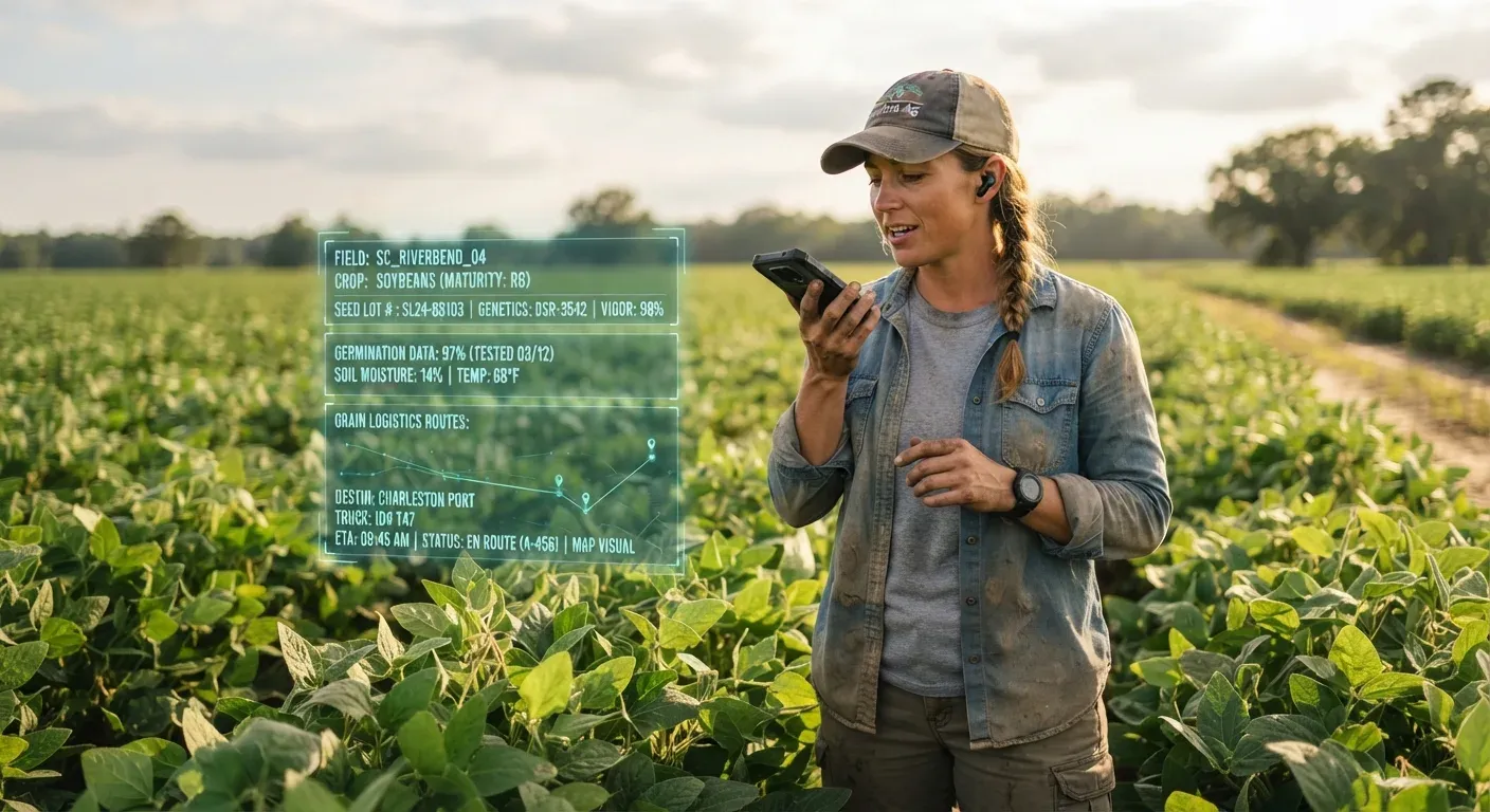 Agricoltrice con smartphone in un campo di soia mentre utilizza un’interfaccia AI olografica per la gestione vocale di lotti di semente certificata e percorsi logistici.