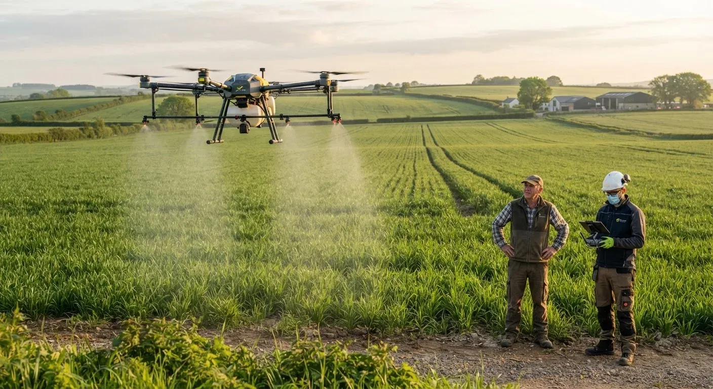 Drone agricolo pesante xFold Dragon in azione su un campo coltivato, con operatori agricoli e tecnici sullo sfondo.