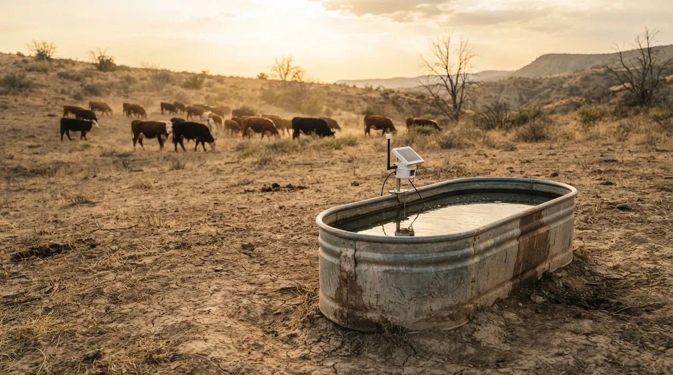 Abbeveratoio per bovini in un ranch arido con un sensore solare montato sopra, mandria sullo sfondo e cielo velato.
