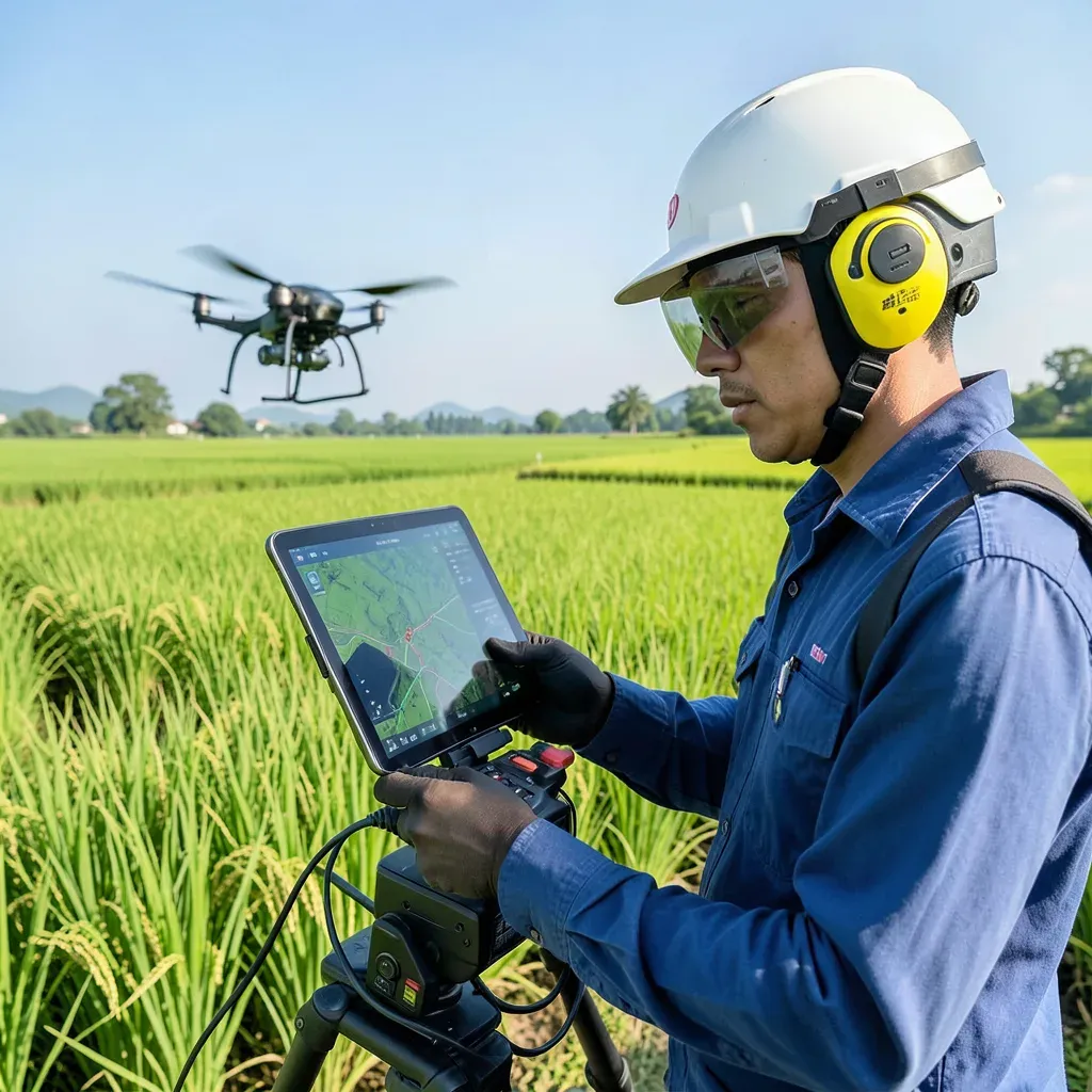 Pilota con casco protettivo e gilet ad alta visibilità in una risaia della provincia di Hunan controlla un tablet per il volo di un drone agricolo in piena attività operativa durante la stagione del "doppio raccolto".