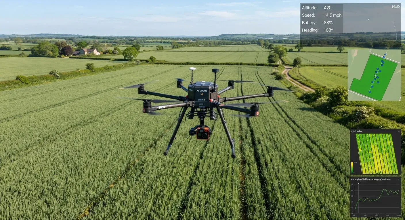 Drone agricolo con sensori multispettrali sorvola un vasto campo di grano durante una competizione di agricoltura di precisione per grandi appezzamenti.