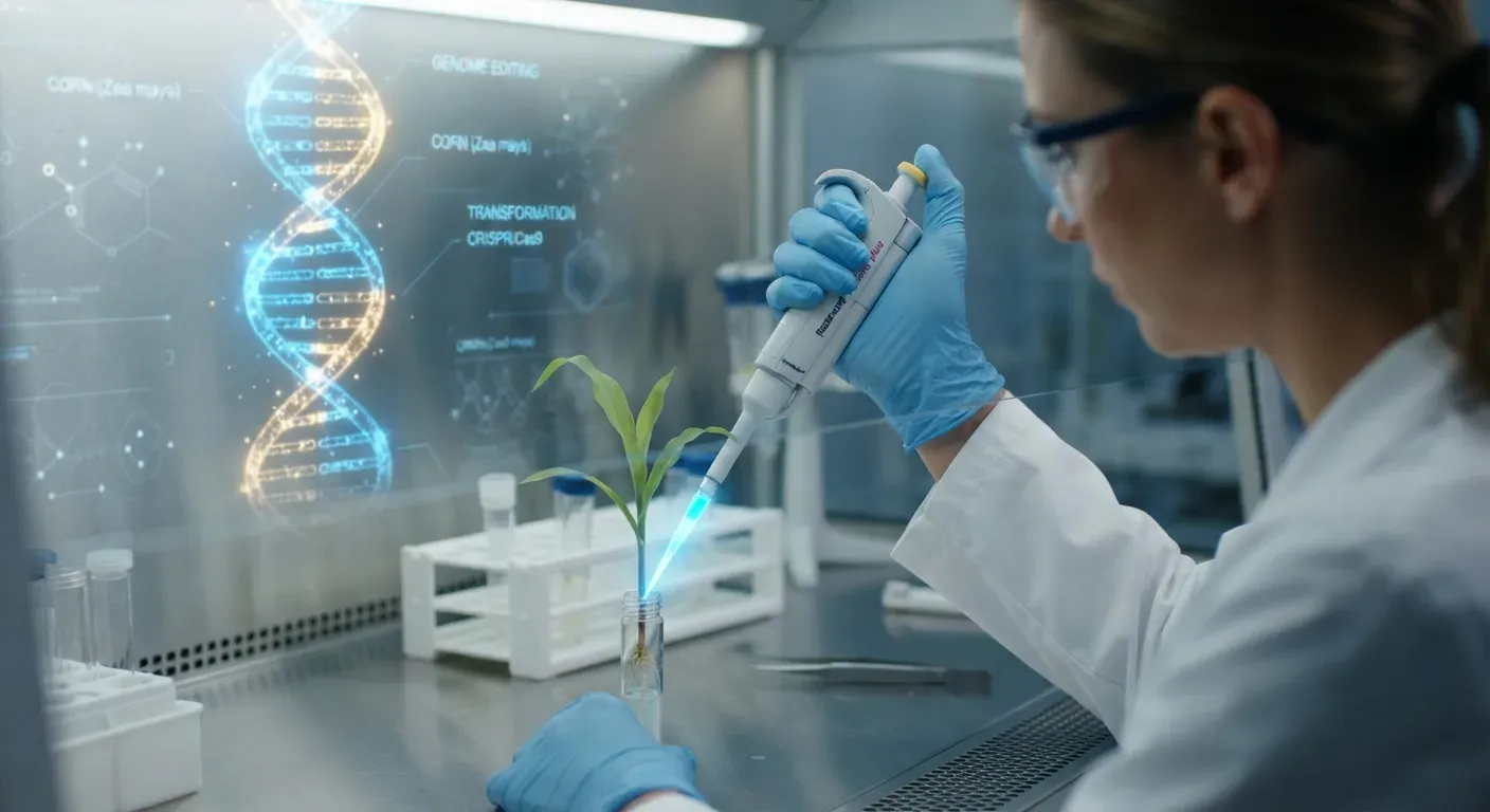 Primo piano di una mano guantata di uno scienziato che inietta un liquido luminescente in una piantina di mais sotto cappa sterile, con un ologramma sfocato di elica del DNA sullo sfondo.