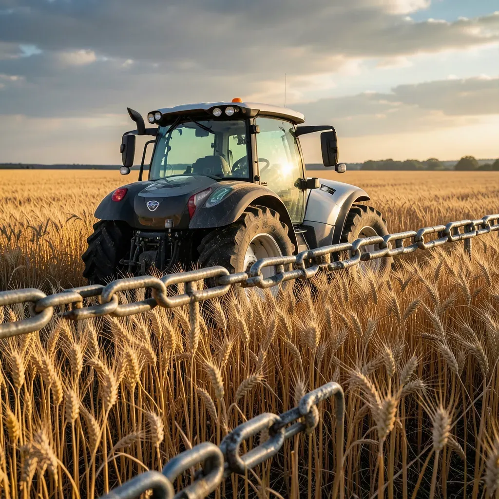 Trattore elettrico autonomo in un campo di grano, con una barriera metallica che simboleggia le difficoltà di scalare l’innovazione agricola.