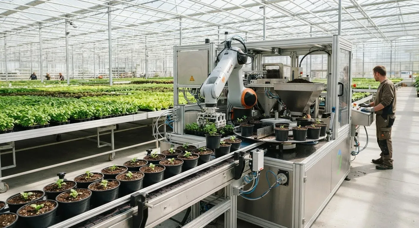 Macchina invasatrice automatizzata Javo Orange Orbis in una serra commerciale moderna, con bracci robotici che posizionano piantine in vasi su una linea di trasporto, vassoi di giovani piante sullo sfondo, luce naturale, ambiente orticolo high-tech