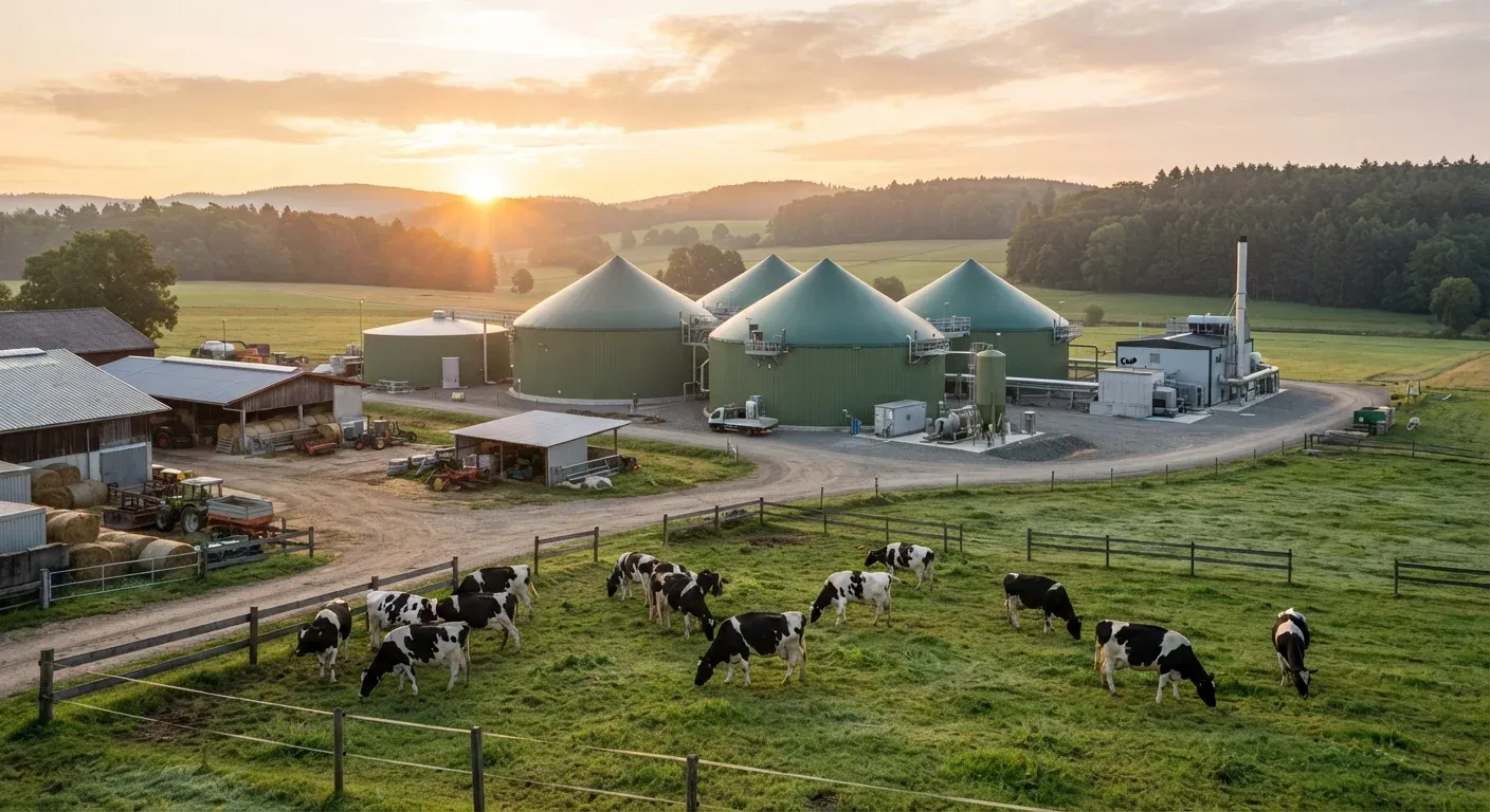 Impianto di biogas agricolo con digestori anaerobici e una mandria di vacche da latte sullo sfondo di un’alba.