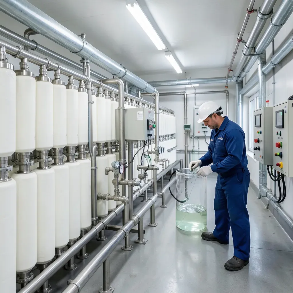Interno dell’impianto di ultrafiltrazione di Argelès-sur-Mer: moduli a membrana cilindrici, tubazioni in acciaio, quadri di controllo automatico; un tecnico in DPI osserva un campione d’acqua trattata.