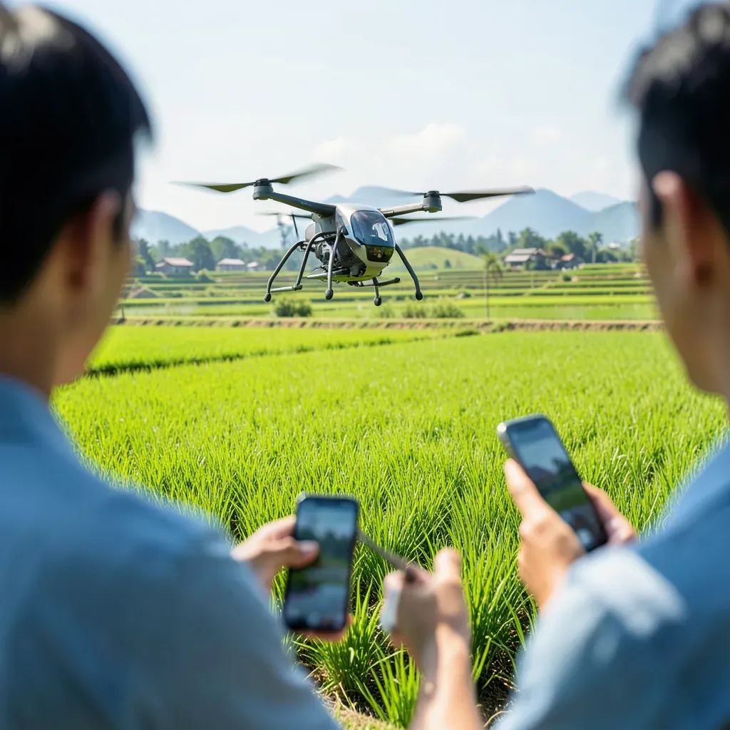 Un drone agricolo sorvola una risaia verdeggiante mentre un agricoltore in primo piano controlla i dati sul proprio smartphone, estate 2026 a Suiling, Heilongjiang.