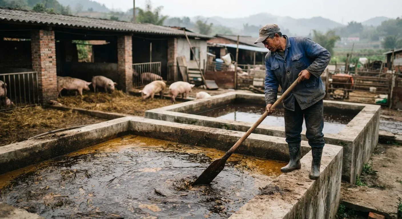 Fotografia editoriale realistica di un allevamento di suini in Cina, con due vasche quadrate di fermentazione piene di liquido ocra scuro, un allevatore di mezza età in abiti da lavoro che osserva il composto, maiali sullo sfondo, luce diurna nuvolosa, st