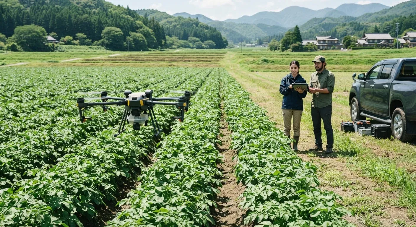 Foto editoriale di un drone agricolo con sensore multispettrale che sorvola un campo di patate, mentre due ricercatori osservano un tablet sullo sfondo.