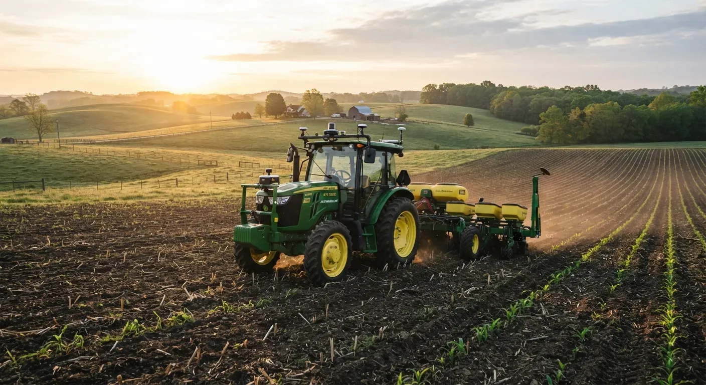Un trattore John Deere 6135E a guida autonoma dotato di kit retrofit Sabanto durante la semina del mais in un'azienda agricola del Kentucky, senza operatore a bordo.