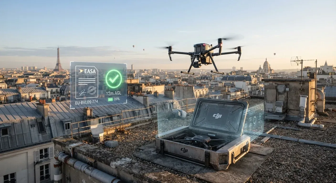 DJI Dock 3 con drone Matrice 4D in decollo da un tetto industriale in una città europea, simbolo visivo di approvazione normativa per operazioni BVLOS automatizzate