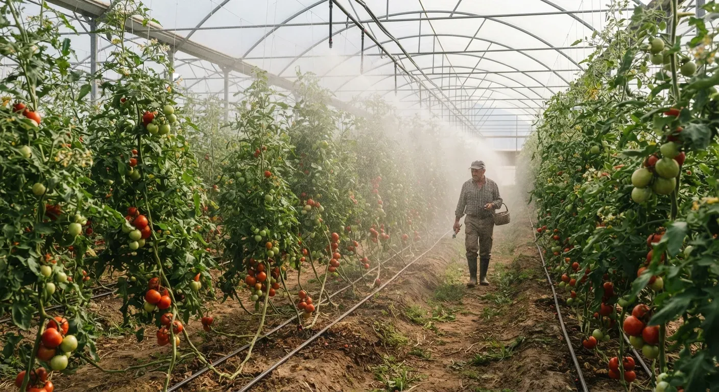 Serra high-tech in Sicilia con trattamento di acqua ozonizzata su piante di pomodoro
