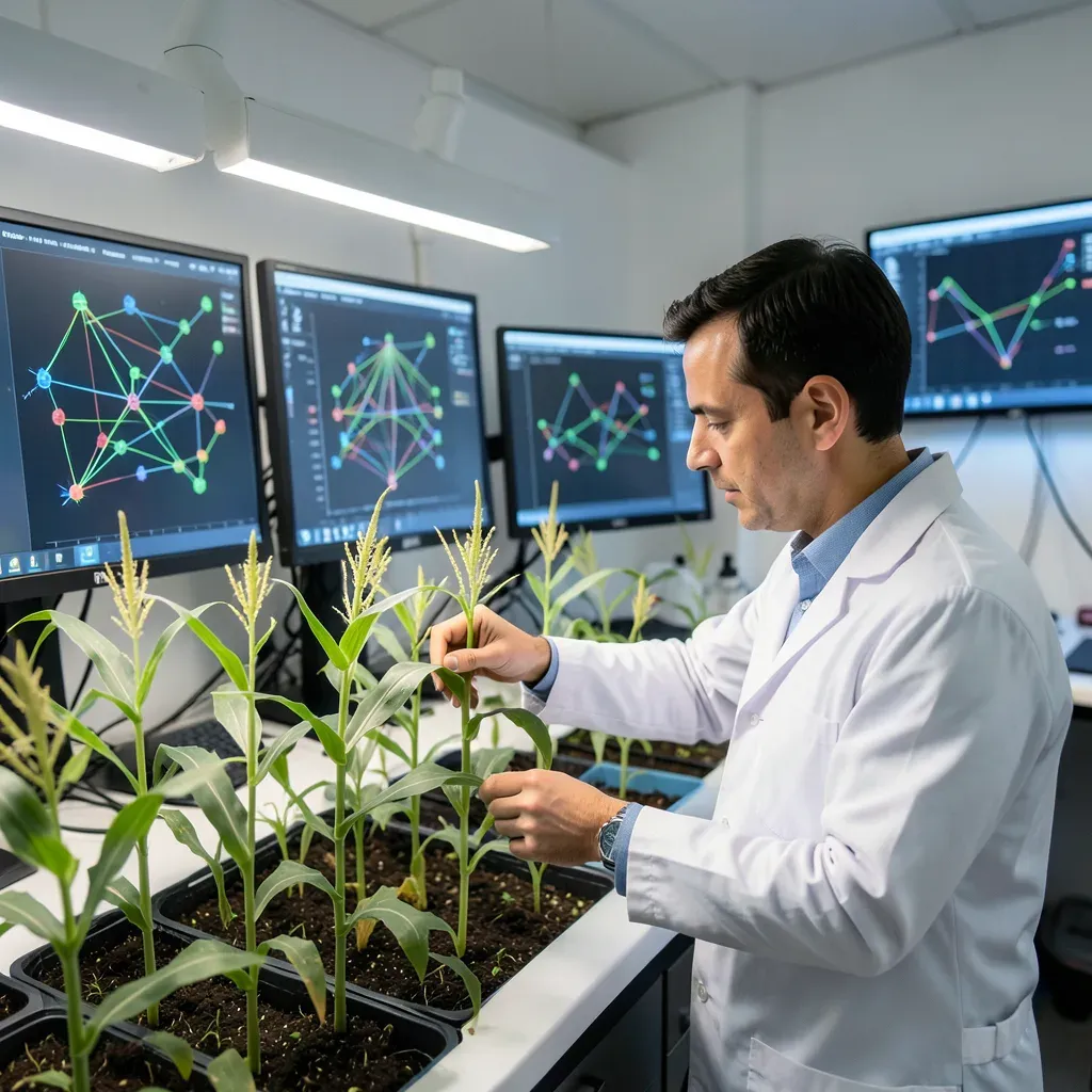 Un ricercatore in un laboratorio di genetica vegetale moderno osserva giovani piante di mais; sullo sfondo schermi mostrano reti geniche e visualizzazioni di dati