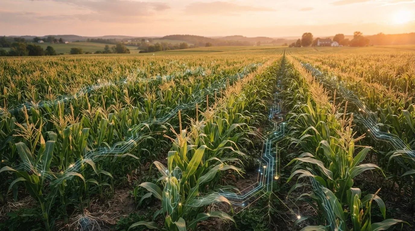 Un campo di mais al tramonto con sovrapposizioni digitali semi-trasparenti che richiamano reti neurali e dati, simbolo della progettazione vegetale guidata dall'intelligenza artificiale.