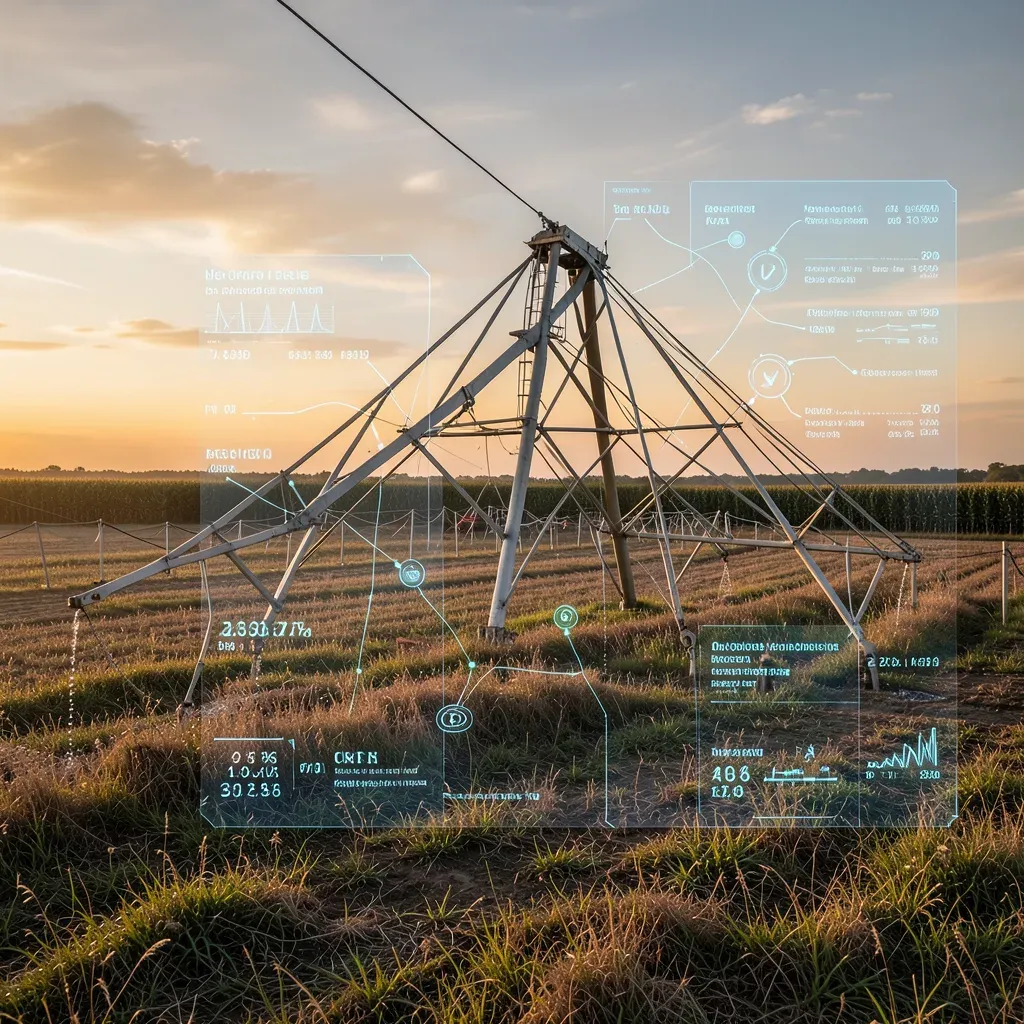 Impianto di irrigazione a pivot in campo con sovrapposizioni digitali che rappresentano la distribuzione dell’acqua e dati di performance.