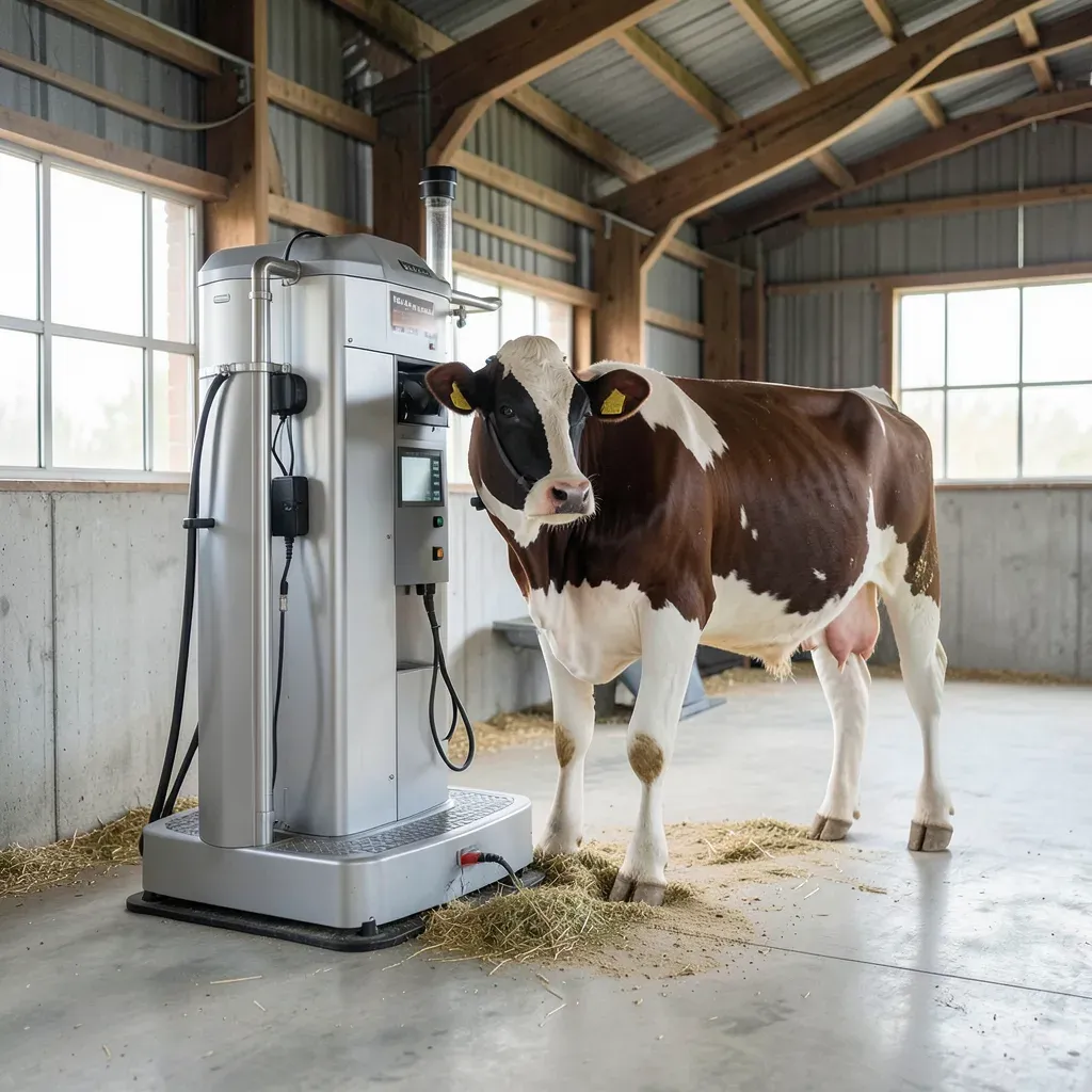 Vacca da latte che entra volontariamente in un robot di mungitura