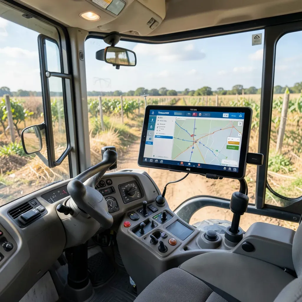 Interno di una cabina di trattore con il sistema di guida automatica modulare Tersus AG993 installato: tablet TC120 sul cruscotto, motore elettrico TES30 fissato al piantone dello sterzo e antenna GNSS vicino al parabrezza, su sfondo di un campo agricolo 