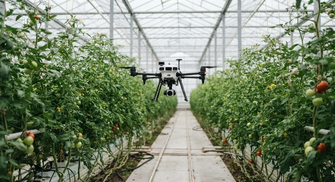 Un drone agricolo bianco e nero sorvola filari di pomodori in una serra moderna, con telecamera e sensori visibili, illuminazione naturale diffusa, nessun testo nell'immagine.