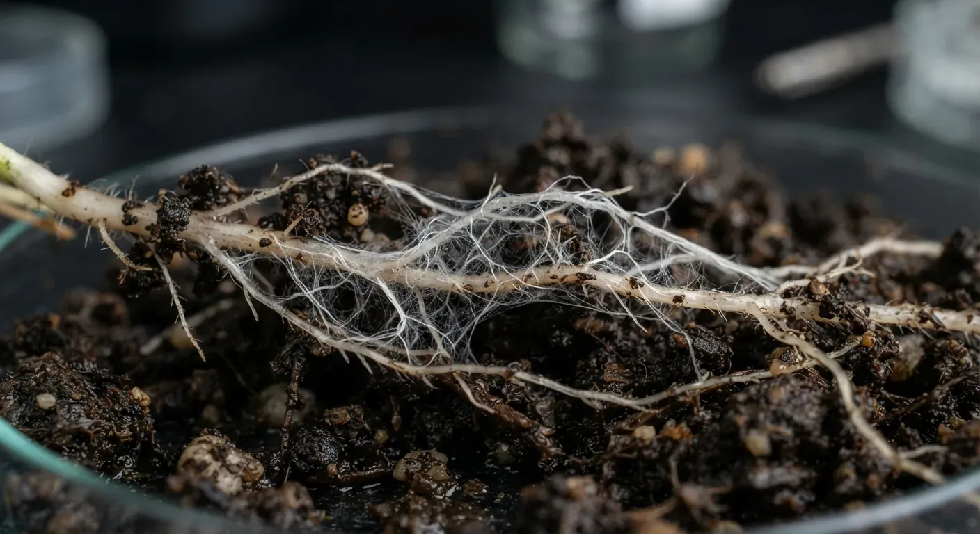 Primo piano di radici vegetali con ife fungine bianche di Trichoderma che avvolgono la superficie radicale nel terreno, illuminazione scientifica laterale soffusa, sfondo scuro sfocato, fotografia editoriale professionale di ricerca agronomica