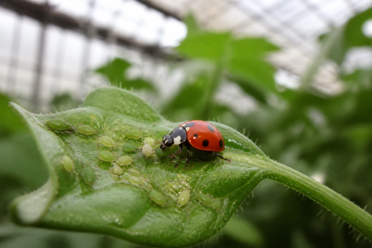 Coccinella che preda afidi su una foglia, esempio di macrorganismo usato nel biocontrollo