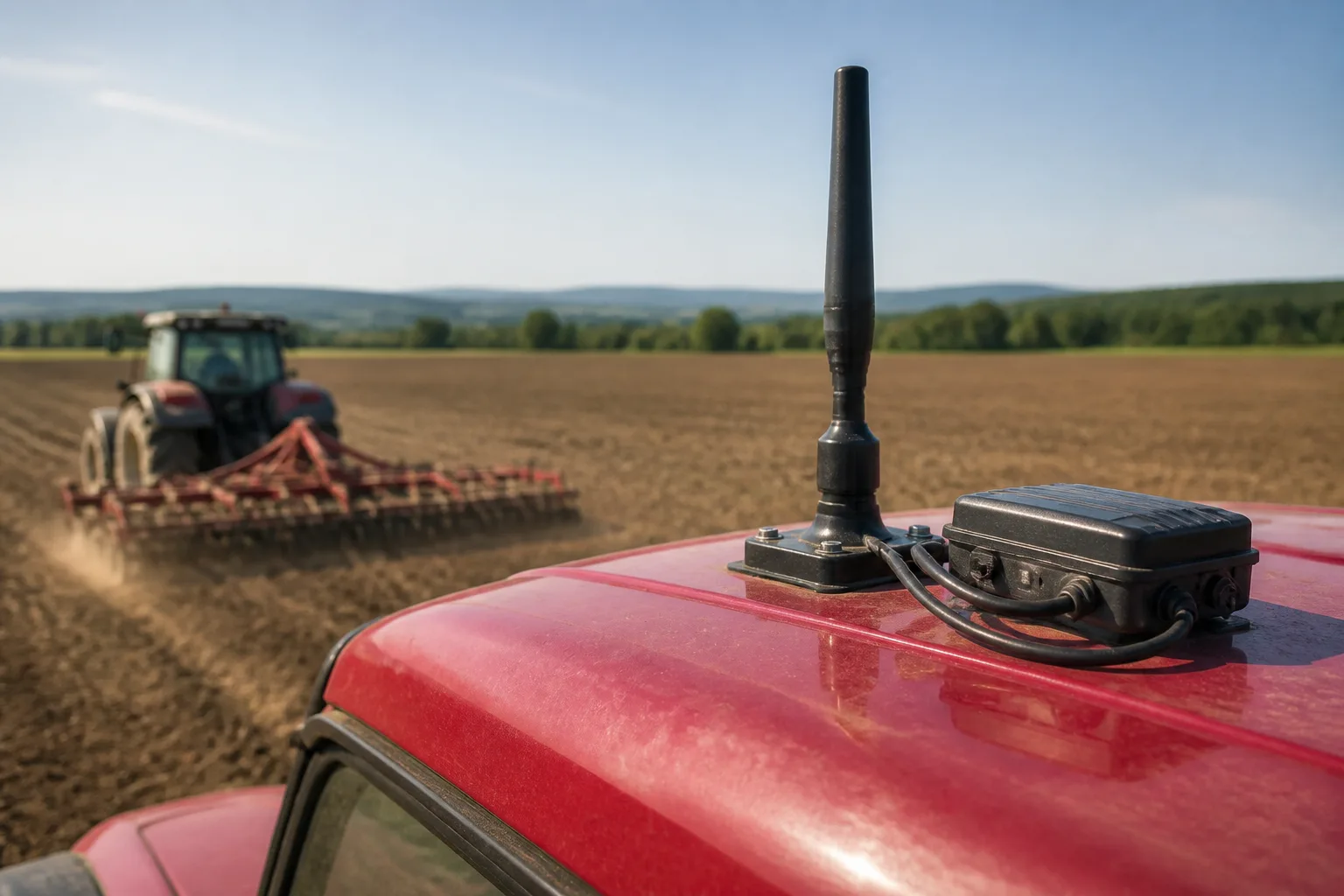 Antenna di telemetria montata sul tetto della cabina di un trattore