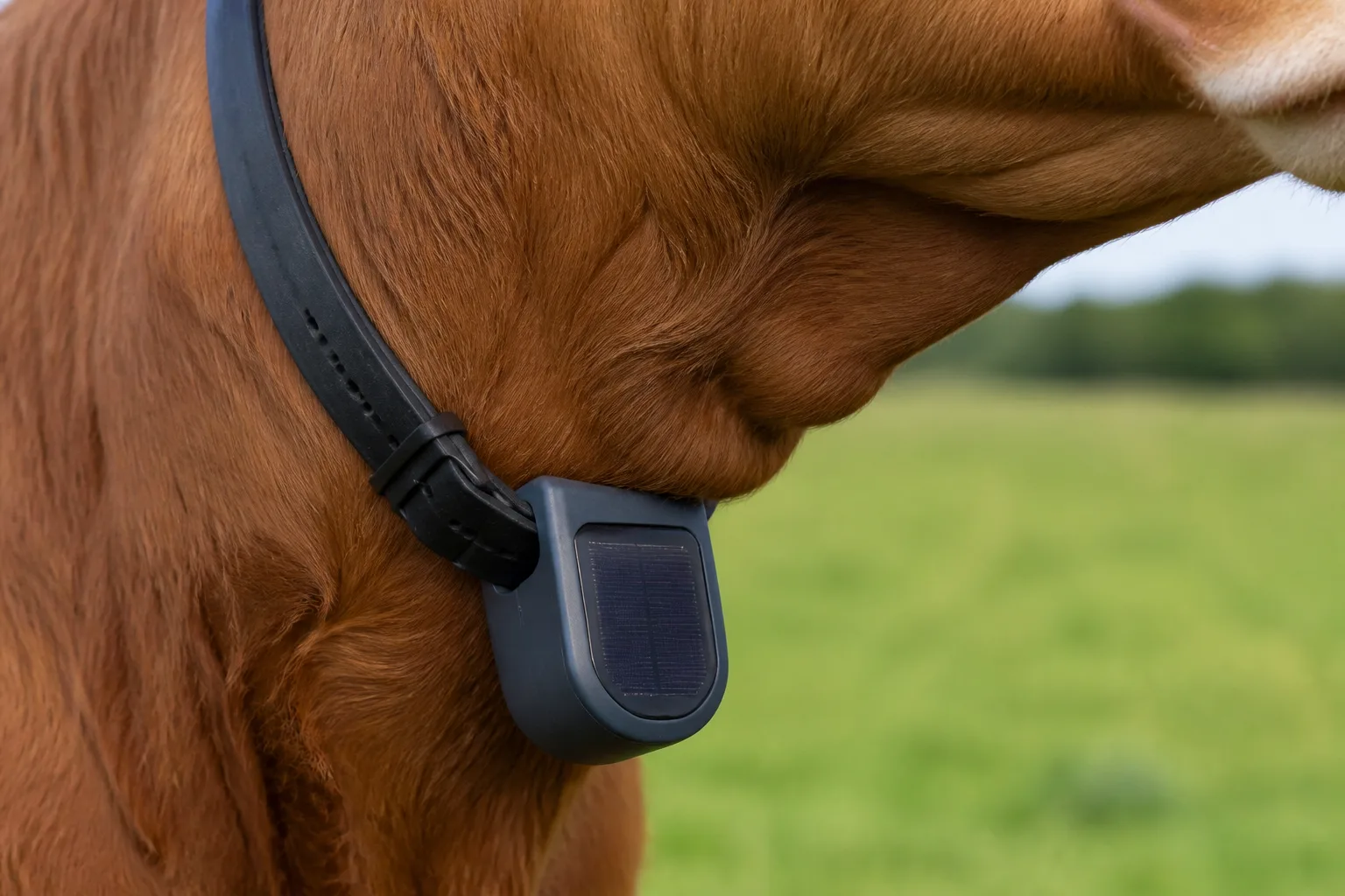 Collare GPS con pannello solare al collo di una vacca al pascolo
