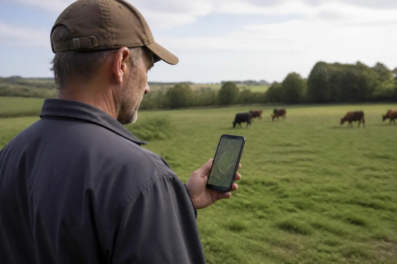 Allevatore che disegna i confini del pascolo sullo smartphone con i bovini sullo sfondo