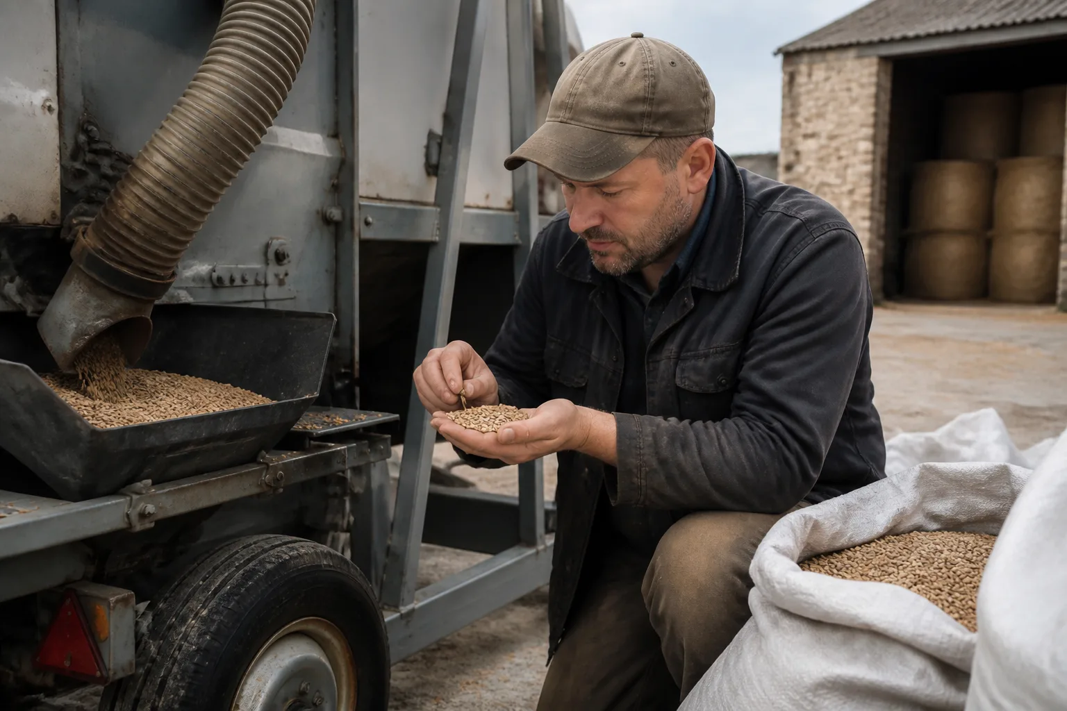 Agricoltore che controlla la granella del proprio raccolto accanto a una pulitrice mobile