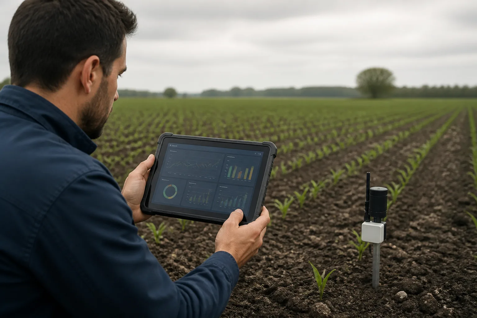 Tecnico che consulta in campo i dati di umidità e conducibilità del suolo su tablet