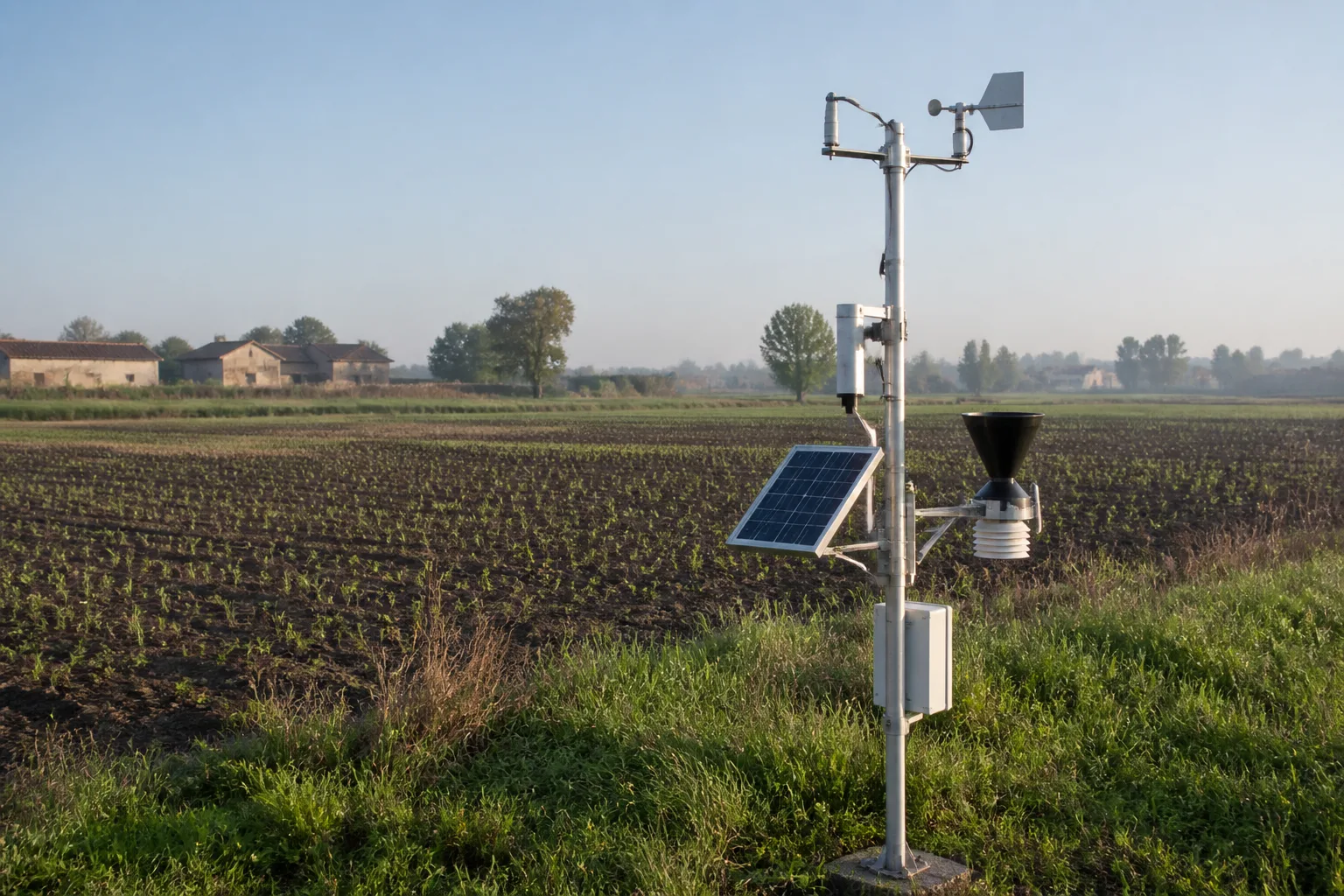 Stazione meteo aziendale con pluviometro e pannello solare ai margini del campo