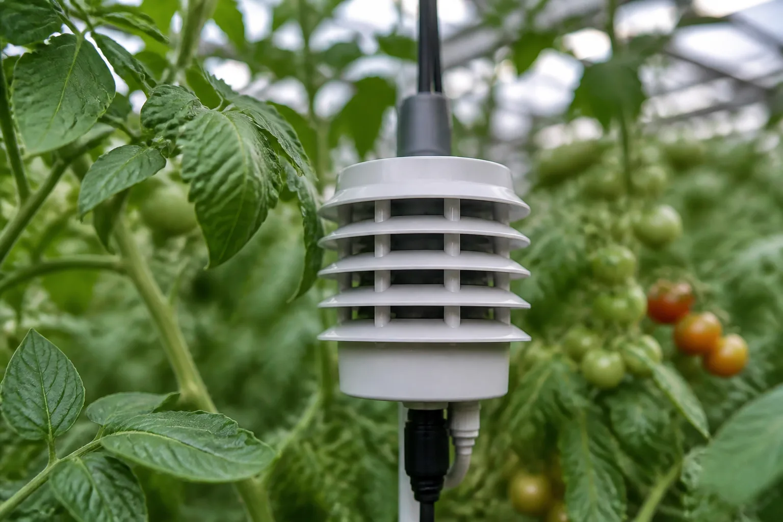 Sensore climatico ventilato installato nella chioma di una coltura in serra