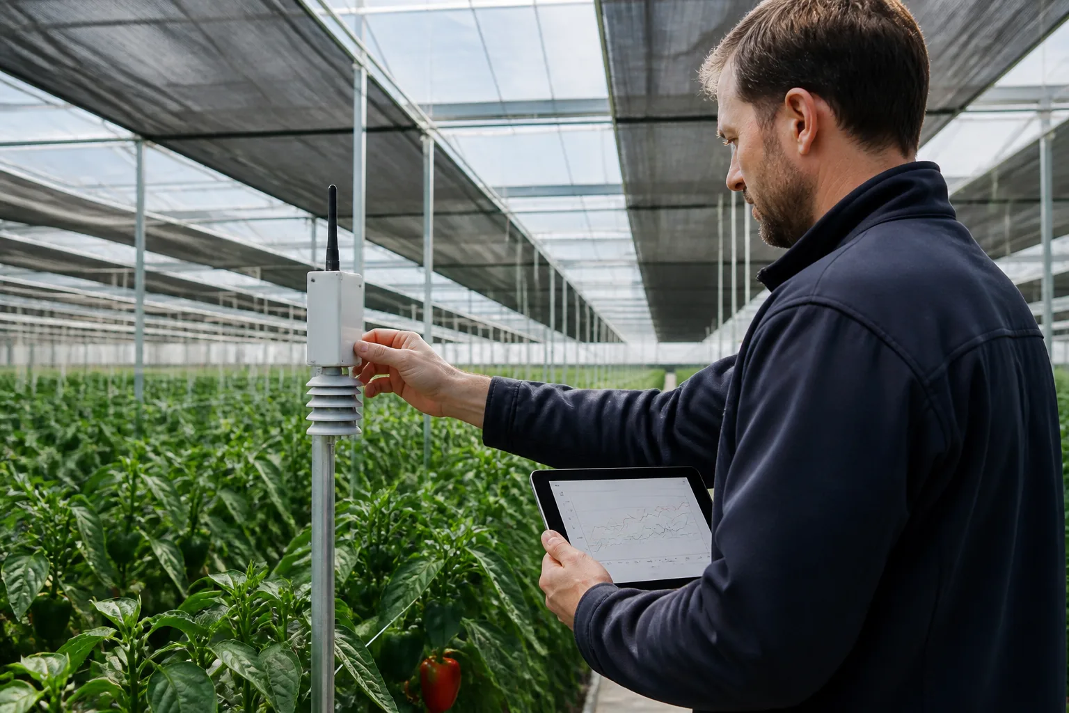 Tecnico che controlla un sensore e un tablet con l'andamento del clima all'interno di una serra