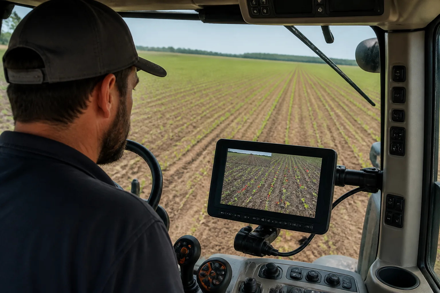 Agricoltore che controlla in cabina il rilevamento in tempo reale delle infestanti