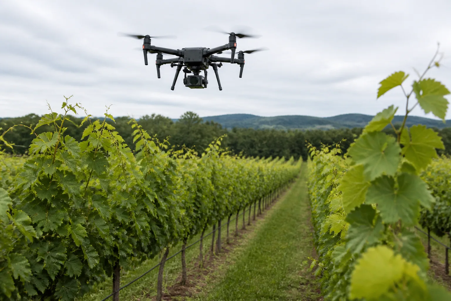 Drone con camera multispettrale in volo basso sopra i filari di un vigneto inerbito