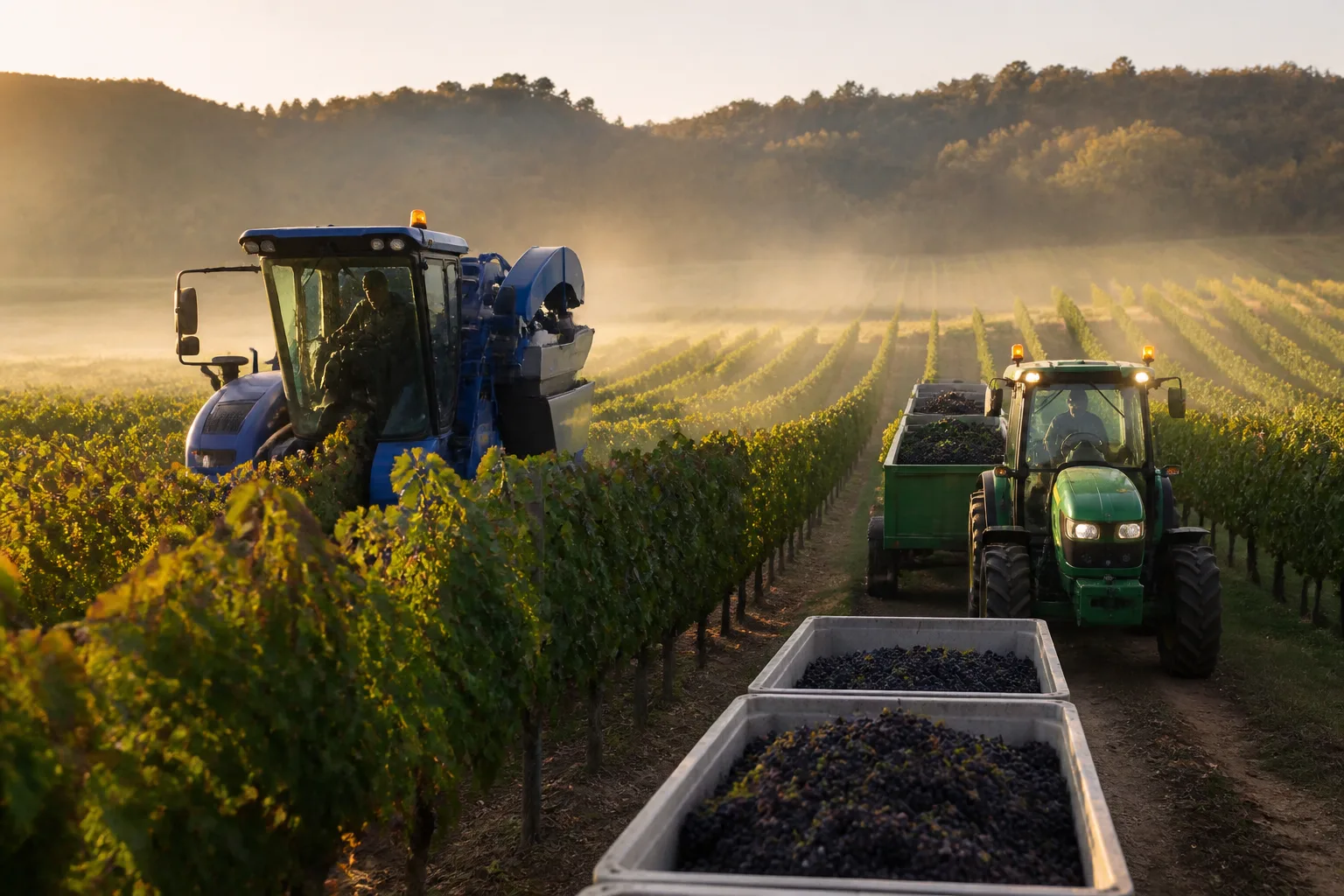 Vendemmiatrice al lavoro con le uve raccolte tenute separate in cassoni distinti