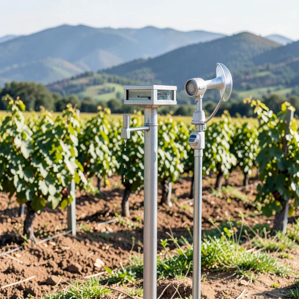 Stazione meteo agricola installata a bordo campo in un vigneto