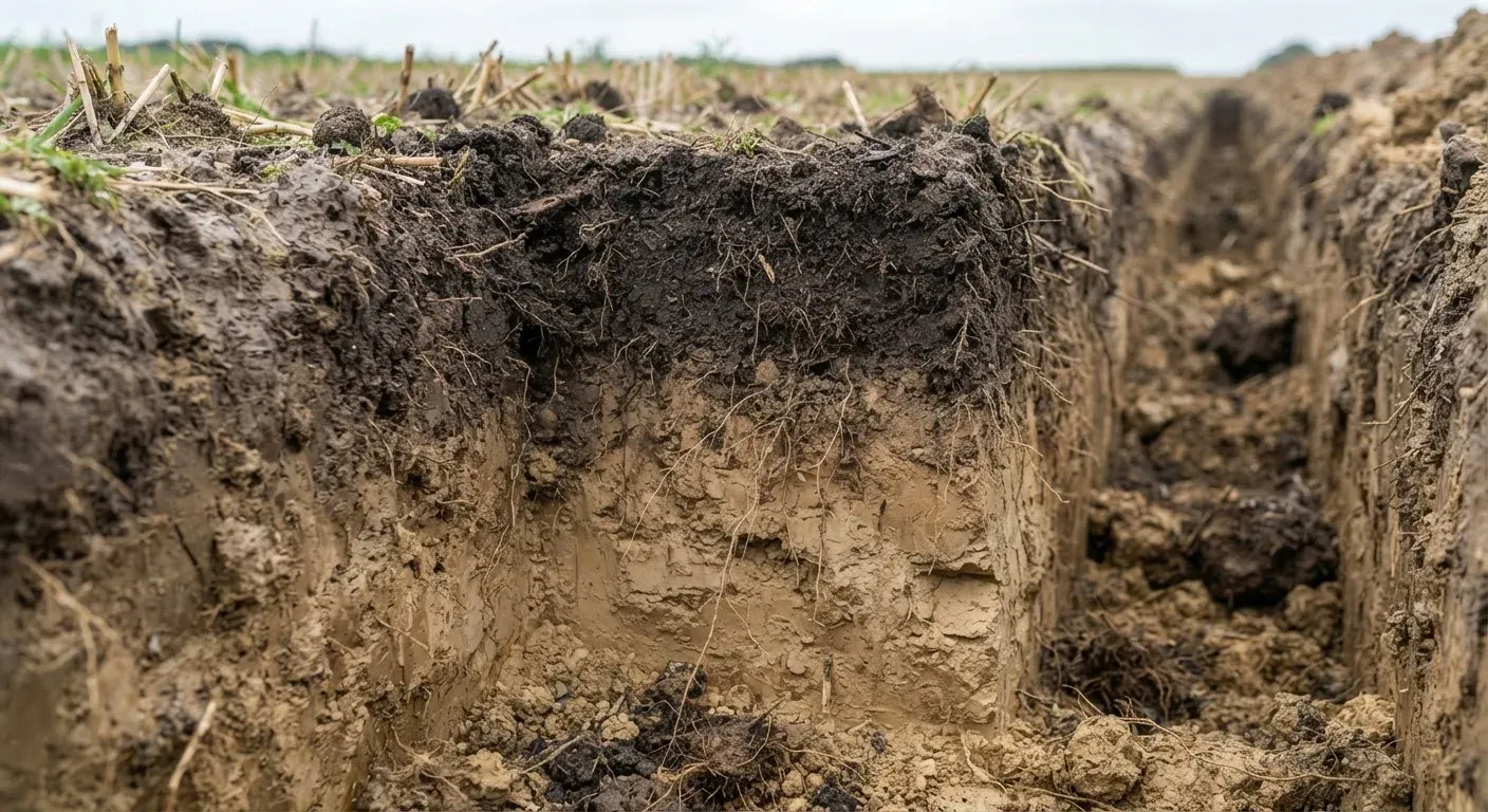 Profilo di suolo agricolo sano: strato superficiale ricco di sostanza organica e radici profonde