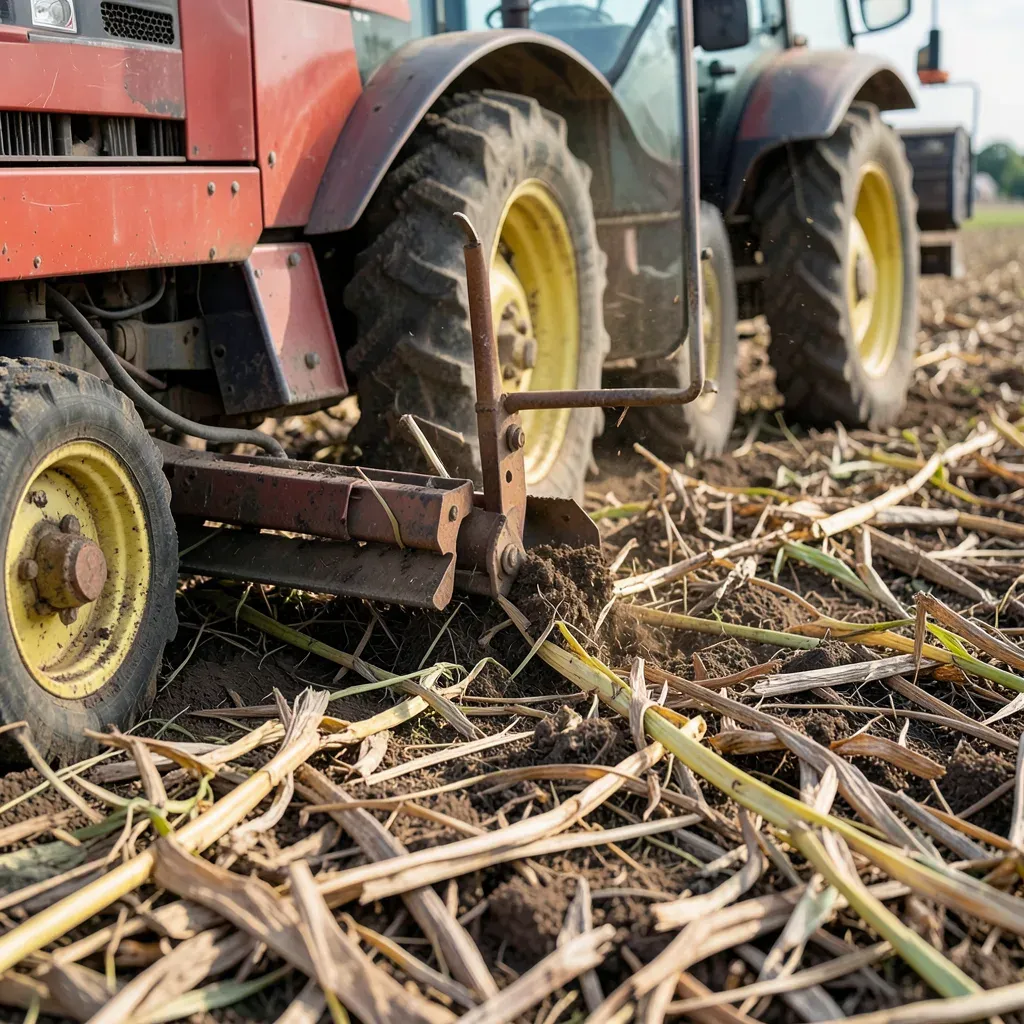 Seminatrice per semina su sodo in un campo con residui colturali