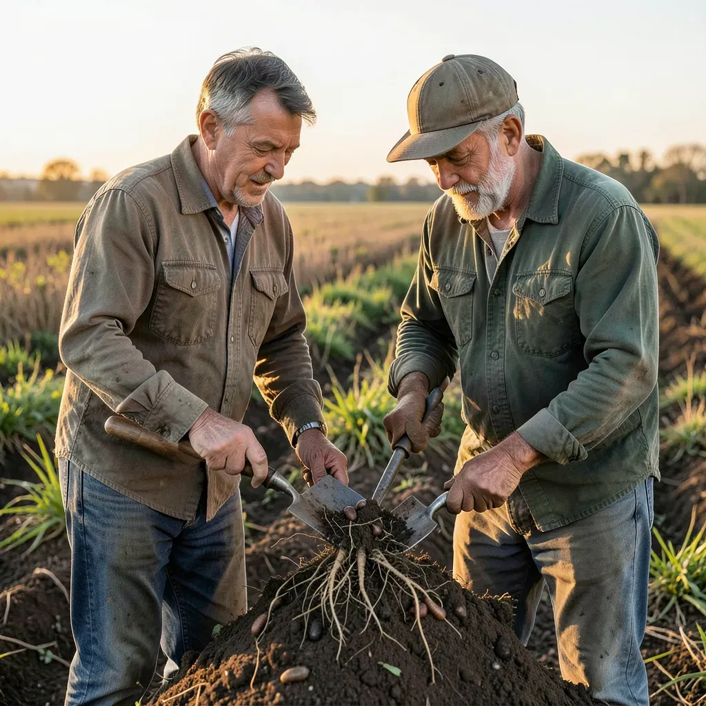 Agricoltori che analizzano un campione di suolo in campo