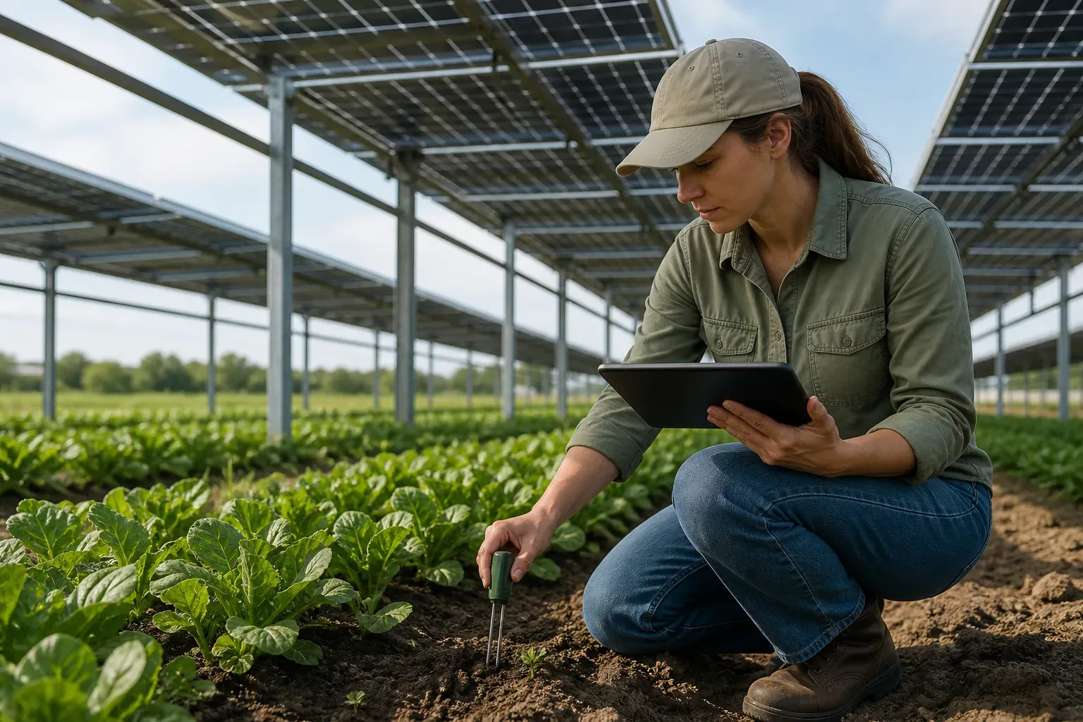 Agronomo che monitora suolo e colture sotto un impianto agrivoltaico